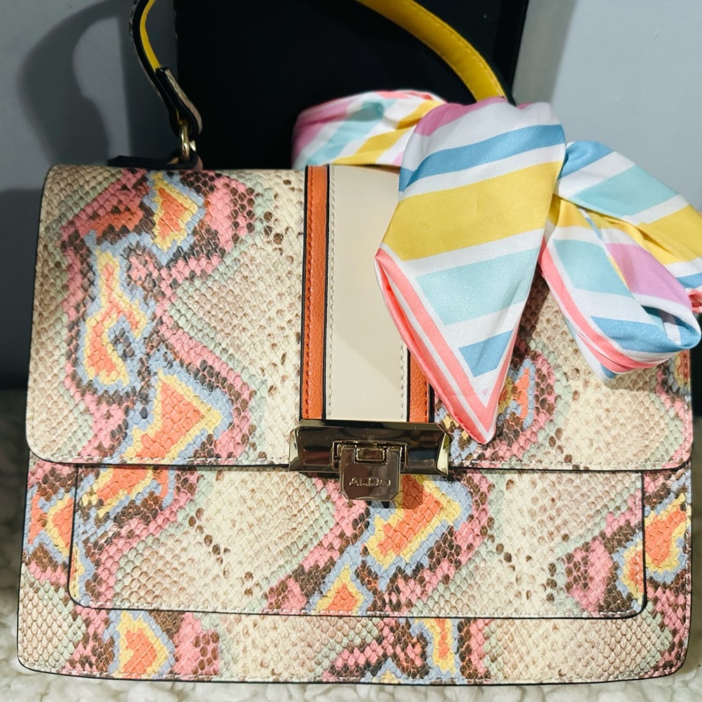 ALDO Cream and Pink Snake Print Satchel